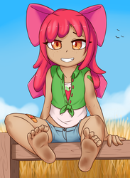 Size: 2200x3000 | Tagged: safe, alternate version, artist:fearingfun, apple bloom, human, g4, bandaid, barefoot, clothes, dirt, dirty, dirty feet, explicit source, feet, female, fence, fetish, foot fetish, foot focus, high res, humanized, looking at you, sfw version, shorts, sitting, sitting on fence, smiling, solo, sweat, young