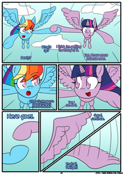 Size: 1233x1746 | Tagged: safe, artist:otakon, rainbow dash, twilight sparkle, alicorn, pony, comic:love in the clouds, g4, comic, female, flying, holding hooves, lesbian, ship:twidash, shipping, twilight sparkle (alicorn)