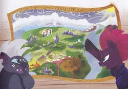 Size: 924x639 | Tagged: safe, grubber, tempest shadow, pony, unicorn, g4, my little pony: the movie, my little pony: the movie: the great princess caper, broken horn, duo, female, horn, male, map, map of equestria, mare, open mouth
