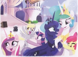 Size: 865x639 | Tagged: safe, apple bloom, derpy hooves, grubber, princess cadance, princess celestia, princess luna, twilight sparkle, alicorn, pony, g4, my little pony: the movie, the great princess caper, canterlot, twilight sparkle (alicorn)