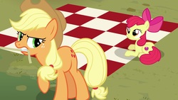 Size: 1920x1080 | Tagged: safe, screencap, apple bloom, applejack, earth pony, pony, campfire tales, g4, angry, picnic blanket, pulling, rope