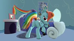 Size: 1920x1080 | Tagged: safe, artist:charlydasher, rainbow dash, pony, g4, 3d, bedroom eyes, butt, featureless crotch, female, like what you see?, morning, plot, presenting, rainbow dash's house, rainbutt dash, raised tail, rear, smiling, solo, source filmmaker, tail, we don't normally wear clothes