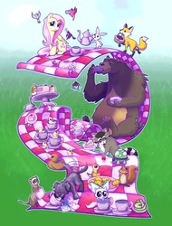 Size: 812x1068 | Tagged: safe, artist:drknz13, angel bunny, fluttershy, fuzzy legs, harry, mitsy, rupert, tank, bear, bird, cat, chipmunk, dog, duck, ferret, fox, mouse, pegasus, pony, raccoon, rat, snake, spider, squirrel, tortoise, animal, cake, cookie, cup, dishes, drinking, duckling, eating, female, flower, flower in hair, folded wings, food, kitten, male, mare, picnic, picnic blanket, sitting, spider web, tea, tea party, teacup, teapot, that pony sure does love animals