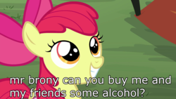 Size: 1920x1080 | Tagged: safe, edit, edited screencap, screencap, apple bloom, earth pony, pony, campfire tales, g4, bronybait, female, filly, foal, image macro, meme, smiling, solo, underaged drinking