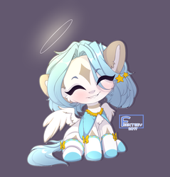 Size: 2200x2300 | Tagged: safe, artist:feekteev, oc, oc only, pegasus, pony, clothes, cute, eyes closed, female, filly, halo, happy, high res, sitting, smiling, solo