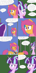 Size: 1600x3200 | Tagged: safe, artist:jake heritagu, scootaloo, starlight glimmer, oc, oc:lightning blitz, pegasus, pony, comic:ask motherly scootaloo, g4, baby, baby carrier, baby pony, bars, clothes, colt, comic, dialogue, female, hairpin, holding a pony, horn, horn ring, magic suppression, male, mother and son, motherly scootaloo, offspring, older, older scootaloo, parent:rain catcher, parent:scootaloo, parents:catcherloo, scarf, sleeping, smug, smuglight glimmer, speech bubble, sweater, sweatshirt