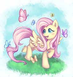 Size: 1738x1844 | Tagged: safe, artist:8rainbowkat8, fluttershy, butterfly, pegasus, pony, g4, blushing, cute, day, female, flying, grass, ground, happy, mare, nature, outdoors, shyabetes, sky