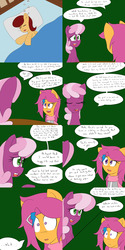 Size: 1600x3200 | Tagged: safe, artist:jake heritagu, cheerilee, scootaloo, oc, oc:lightning blitz, pegasus, pony, comic:ask motherly scootaloo, g4, baby, baby pony, blanket, clothes, colt, comic, crib, dialogue, female, hairpin, half-siblings, male, motherly scootaloo, offspring, older, older scootaloo, parent:rain catcher, parent:scootaloo, parents:catcherloo, pillow, scarf, sisters, sleeping, speech bubble, sweatshirt, table, zzz