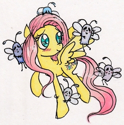Size: 789x792 | Tagged: safe, artist:numberlessneedle, fluttershy, pony, g4, blushing, female, looking at something, raised hoof, simple background, solo, spread wings, traditional art, turned head, undertale, whimsun, white background, wings