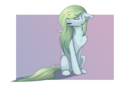 Size: 2500x1800 | Tagged: safe, artist:shiro-roo, oc, oc only, earth pony, pony, chest fluff, eyes closed, female, floppy ears, mare, open mouth, simple background, sitting, solo
