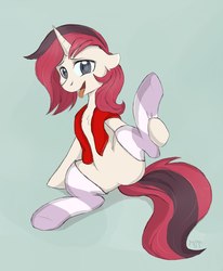 Size: 1451x1762 | Tagged: artist needed, source needed, safe, oc, oc only, pony, unicorn, clothes, female, scarf, socks, solo, striped socks, tongue out