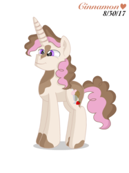 Size: 2048x2732 | Tagged: safe, artist:cinnamon-swirls, oc, oc only, oc:milkshake mocha, pony, unicorn, big horn, colored pupils, grin, high res, horn, male, offspring, old design, parent:cheese sandwich, parent:pinkie pie, parents:cheesepie, simple background, smiling, solo, stallion, transparent background, updated design