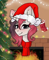 Size: 1719x2099 | Tagged: safe, artist:lovely-pony, oc, oc only, pony, unicorn, christmas, christmas tree, clothes, fireplace, hat, head, holiday, horn, looking at you, santa hat, scarf, solo, tree, unicorn oc