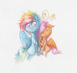 Size: 1965x1871 | Tagged: safe, artist:kimsteinandother, rainbow dash, scootaloo, pony, g4, chibi, eyes closed, scootalove, smiling, traditional art