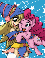 Size: 2550x3300 | Tagged: safe, artist:latecustomer, pinkie pie, earth pony, pony, g4, commission, crossover, cute, dark magician girl, diapinkes, duo, female, high res, hug, mare, one eye closed, smiling, yu-gi-oh!