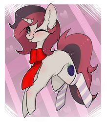 Size: 1556x1773 | Tagged: artist needed, source needed, safe, oc, oc only, pony, unicorn, blushing, clothes, scarf, socks, solo, striped socks, tongue out