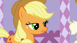 Size: 640x360 | Tagged: safe, screencap, applejack, rarity, earth pony, pony, unicorn, g4, suited for success, animated, eyes closed, female, frown, glasses, hoof over mouth, looking up, mare, nah, no, open mouth, raised eyebrow, solo focus, sound, thinking, webm