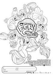Size: 1447x2048 | Tagged: safe, applejack, fluttershy, pinkie pie, rainbow dash, rarity, spike, twilight sparkle, alicorn, earth pony, pegasus, pony, puffer fish, seapony (g4), unicorn, g4, my little pony: the movie, official, black and white, coloring page, cute, dorsal fin, fin, fin wings, fins, fish tail, flowing mane, flowing tail, grayscale, horn, lineart, mane seven, mane six, merchandise, monochrome, my little pony logo, ocean, open mouth, scales, seaponified, seapony applejack, seapony fluttershy, seapony pinkie pie, seapony rainbow dash, seapony rarity, seapony twilight, seaquestria, simple background, smiling, species swap, spike the pufferfish, swimming, tail, thai, that pony sure does love being a seapony, twilight sparkle (alicorn), underwater, water, white background, wings