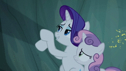 Size: 1920x1080 | Tagged: safe, edit, edited screencap, screencap, rarity, sweetie belle, pony, campfire tales, g4, season 7, animated, female, gremlins, gremlins 2, shadow puppets, sound, webm