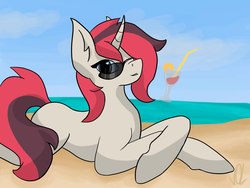 Size: 1600x1200 | Tagged: artist needed, source needed, safe, oc, oc only, pony, unicorn, beach, female, mare, solo, sunglasses