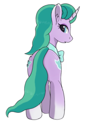 Size: 1000x1200 | Tagged: safe, artist:negasun, mistmane, pony, unicorn, campfire tales, g4, curved horn, female, horn, looking at you, looking back, mare, rear view, simple background, solo