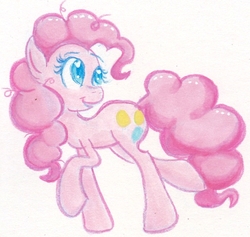 Size: 790x749 | Tagged: safe, artist:numberlessneedle, pinkie pie, pony, g4, female, looking away, looking back, looking up, raised hoof, raised leg, simple background, smiling, solo, traditional art, turned head, white background