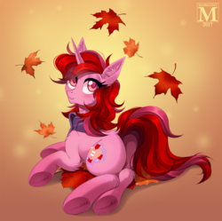 Size: 1206x1200 | Tagged: safe, artist:margony, oc, oc only, pony, unicorn, autumn, butt, clothes, female, leaf, looking back, mare, plot, scarf, smiling, solo
