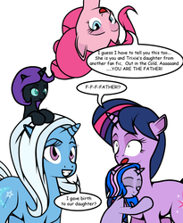 Size: 492x600 | Tagged: safe, artist:dekomaru, pinkie pie, trixie, twilight sparkle, oc, oc:midnight, oc:nyx, alicorn, pony, tumblr:ask twixie, g4, ask, female, lesbian, magical lesbian spawn, offspring, parent:trixie, parent:twilight sparkle, parents:twixie, ship:twixie, shipping, tumblr