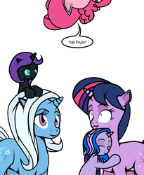 Size: 492x600 | Tagged: safe, artist:dekomaru, pinkie pie, trixie, twilight sparkle, oc, oc:midnight, oc:nyx, alicorn, pony, tumblr:ask twixie, g4, ask, female, lesbian, magical lesbian spawn, offspring, parent:trixie, parent:twilight sparkle, parents:twixie, ship:twixie, shipping, tumblr