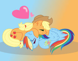 Size: 1078x848 | Tagged: safe, artist:cloudysunshine1914, applejack, rainbow dash, earth pony, pegasus, pony, g4, eyes closed, female, lesbian, mare, ship:appledash, shipping