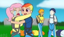 Size: 1889x1104 | Tagged: safe, artist:phallen1, fluttershy, rainbow dash, soarin', spitfire, human, g4, air ponyville, alternate hairstyle, atg 2017, crying, eyes closed, female, harness, hug, humanized, male, newbie artist training grounds, parachute, ponytail, short hair, tack, younger