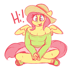 Size: 742x708 | Tagged: safe, artist:graphene, fluttershy, pegasus, anthro, g4, breasts, cleavage, clothes, colored sketch, crossed legs, cute, dialogue, female, hat, hi, mare, off shoulder, open mouth, shirt, shyabetes, sitting, smiling, solo