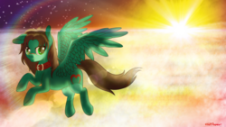 Size: 2016x1134 | Tagged: safe, artist:finalaspex, oc, oc only, oc:malik, pegasus, pony, collar, flying, sky, solo, sunset, wallpaper