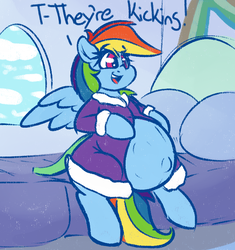 Size: 709x754 | Tagged: safe, artist:graphenescloset, rainbow dash, pegasus, pony, g4, bathrobe, belly, clothes, female, kicking, mare, preggo dash, pregnant, robe, solo, tumblr