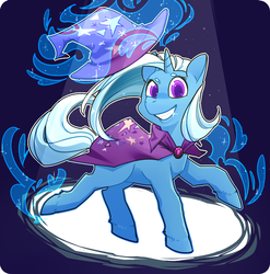 Size: 1223x1237 | Tagged: safe, artist:foxda, trixie, pony, unicorn, g4, colored pupils, female, grin, looking at you, magic, mare, smiling, solo, sparkles, spotlight, telekinesis