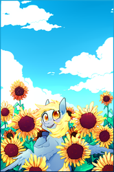 Size: 2058x3102 | Tagged: safe, artist:foxda, derpy hooves, pegasus, pony, g4, colored pupils, female, flower, happy, high res, looking back, looking up, mare, sky, smiling, solo, sunflower