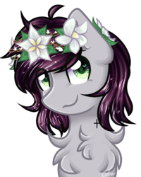 Size: 692x867 | Tagged: safe, artist:sketchyhowl, oc, oc only, oc:garfunkel plum lilly, pony, bust, chest fluff, cross, eye clipping through hair, female, floral head wreath, flower, heart eyes, mare, portrait, signature, simple background, solo, transparent background, wingding eyes