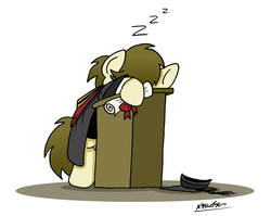 Size: 1916x1527 | Tagged: safe, artist:bobthedalek, oc, oc only, oc:kettle master, earth pony, pony, clothes, diploma, graduation, graduation cap, hat, lectern, simple background, sleeping, solo, suit, white background, zzz
