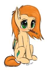 Size: 1528x2280 | Tagged: safe, artist:finalaspex, oc, oc only, oc:apple quill, pony, brush, looking at you, mouth hold, sitting