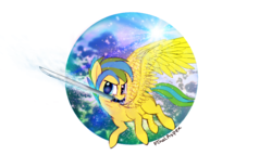 Size: 1054x604 | Tagged: safe, artist:finalaspex, oc, oc only, oc:deplay, pony, badge, flying, katana, sword, weapon