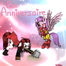 Size: 1000x1000 | Tagged: safe, artist:finalaspex, oc, oc only, oc:finalaspex, oc:loukaina, pony, abstract background, birthday, clothes, cosplay, costume, crossover, cute, french, iron man, laughing, silly, silly pony, text, thor