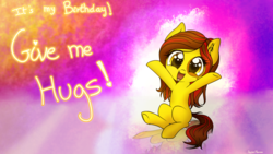 Size: 1920x1080 | Tagged: safe, artist:finalaspex, oc, oc only, oc:pillonchou, abstract background, birthday, cute, female, filly, happy, sitting, wallpaper