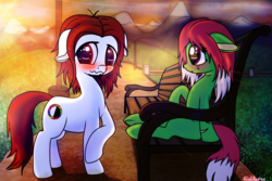 Size: 1500x1000 | Tagged: safe, artist:finalaspex, oc, oc only, oc:finalaspex, oc:smoke cutter, pony, bench, cute, date, meeting, outdoors, park, shipping, sunset