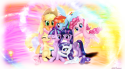 Size: 2000x1100 | Tagged: safe, artist:finalaspex, applejack, fluttershy, pinkie pie, rainbow dash, rarity, starlight glimmer, twilight sparkle, alicorn, earth pony, pegasus, pony, unicorn, g4, abstract background, blushing, cover, cute, eyes closed, floppy ears, friends, group hug, hug, mane six, one eye closed, ponymusic, prone, sitting, smiling, song, song in the comments, song reference, twilight sparkle (alicorn)