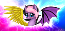 Size: 1914x930 | Tagged: safe, artist:finalaspex, oc, oc only, oc:ocean, bat pony, dracony, hybrid, abstract background, bust, looking at you, solo, spread wings, wings