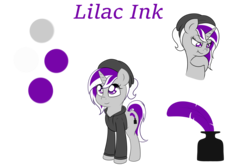 Size: 3000x2000 | Tagged: safe, artist:fluttair, oc, oc only, oc:lilac ink, pony, beanie, clothes, commission, female, hat, high res, hoodie, quill, reference sheet, simple background, solo, transparent background