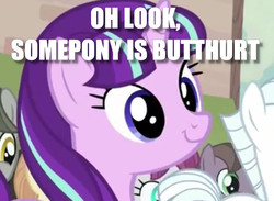 Size: 590x431 | Tagged: safe, edit, edited screencap, screencap, double diamond, rosemary, starlight glimmer, earth pony, pony, unicorn, g4, the cutie map, butthurt, c:, caption, cute, equalized, equalized mane, female, glimmerbetes, image macro, male, mare, meme, observer, reaction image, s5 starlight, smiling, solo focus, stallion