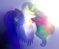 Size: 1024x853 | Tagged: safe, artist:anasflow, princess celestia, princess luna, alicorn, pony, g4, back to back, bust, chest fluff, duo, eyes closed, portrait, royal sisters, smiling