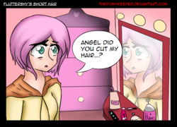 Size: 687x495 | Tagged: safe, artist:theponykeeper, fluttershy, human, g4, clothes, cute, dresser, female, haircut, hairspray, hoodie, humanized, makeup, mirror, shocked, short hair, shyabetes