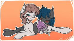 Size: 3188x1755 | Tagged: safe, artist:neko-me, oc, oc only, oc:nuke, oc:speck, bat pony, pegasus, pony, bat pony oc, blushing, commission, duo, eyes closed, female, husband and wife, male, mare, married couple, married couples doing married things, preening, prone, simple background, smiling, speke